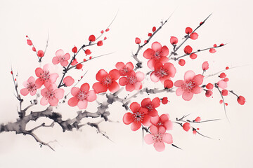 Blooming peach blossom branches, hand-painted watercolor illustration material in ink style