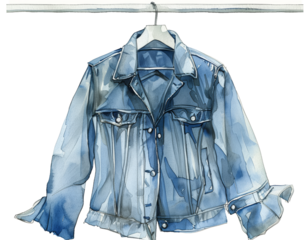 Cartoon watercolor hanger with blue jean jacket for clothes design isolated on transparent background.
