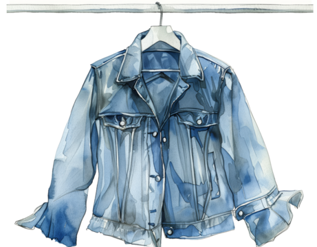 Cartoon watercolor hanger with blue jean jacket for clothes design isolated on transparent background.
- Powered by Adobe