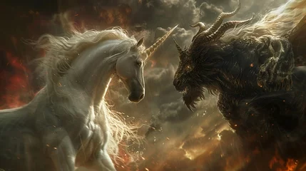 Fotobehang A close-up realistic portrait of a powerful unicorn and a sinister fantasy devil in a tense confrontation © Lightgeo