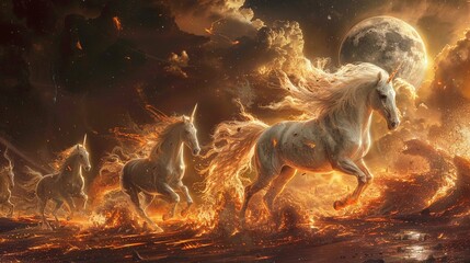 Fantasy landscape where unicorns with fiery manes gallop away from devilish specters
