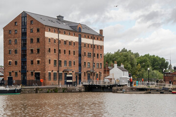 Entrance to the lock with the River Severn, Victoria Basin , Gloucester Docks, Gloucestershire, England, UK.