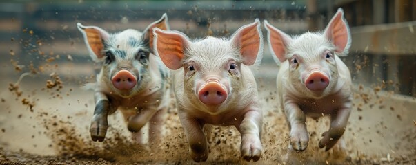 Three energetic piglets race across the dirt, kicking up dust as they run joyfully towards the viewer. - obrazy, fototapety, plakaty