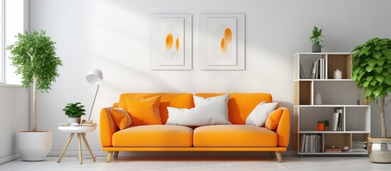 Furniture in the living room includes an orange couch and a bookshelf. The interior design features cozy lighting and comfortable studio couch for a warm atmosphere