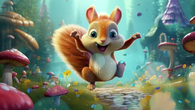 Cheerful fluffy squirrel scampering joyfully among the autumn leaves Seamless looping 4k time-lapse virtual video animation background. Generated AI