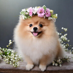 스튜디오에서 꽃왕관을 쓰고 촬영한 포메라니안