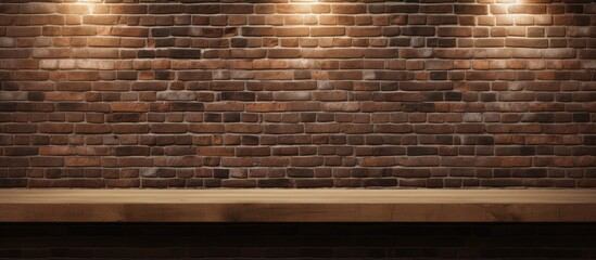Blank wooden boards with a textured brick wall and lighting.