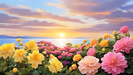 Beautiful flowers with sea and sky background at sunset - obrazy, fototapety, plakaty
