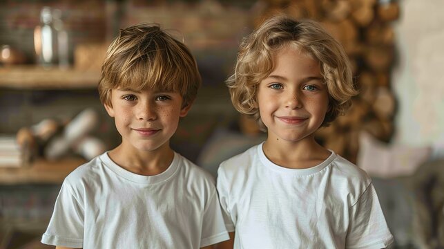 Two young boys couple in blank white t-shirts standing near grunge wall indoors. Mock up template for t-shirt design print