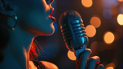 Fototapeta premium Professional Female Singer With Microphone, 8K Photo - Generative AI