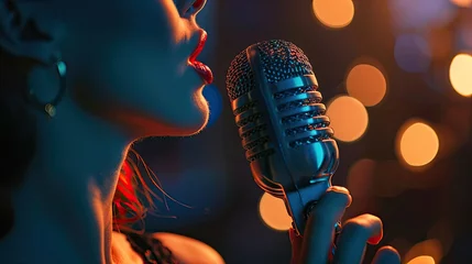 Peel and stick wall murals Height scale Professional Female Singer With Microphone, 8K Photo - Generative AI