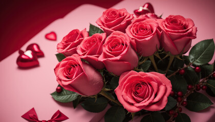 Obraz premium valentine bouquet of red roses and chocolate or bouquet of roses or rose and chocolate or red rose in a box or red rose and chocolate candies 