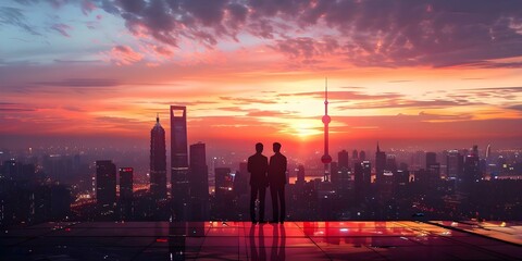 Fototapeta na wymiar Two business partners sealing a deal with a handshake against a backdrop of a beautiful sunset skyline. Concept Business Partnership, Handshake, Sunset Skyline, Sealing the Deal, Collaboration