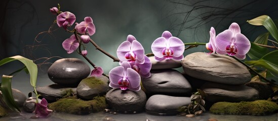 A cluster of vibrant magenta orchids adorn a rocky surface, showcasing the beauty of these...
