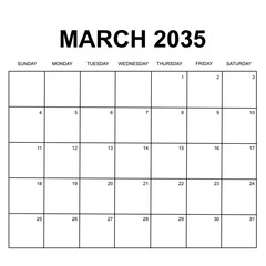 march 2035. monthly calendar vector design. week starts on sunday. printable simple, and clean vector design isolated on white background.