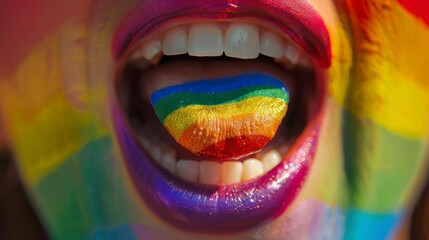 tongue of a beautiful girl painted with the LGBT flag and red lips in high resolution - obrazy, fototapety, plakaty