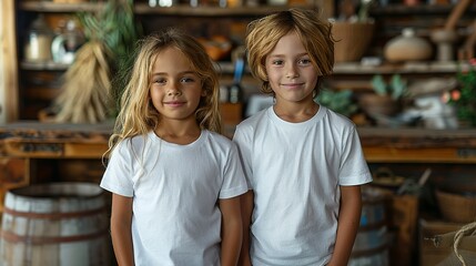 Fototapeta na wymiar Two young boys couple in blank white t-shirts standing near grunge wall indoors. Mock up template for t-shirt design print