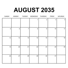 august 2035. monthly calendar vector design. week starts on sunday. printable simple, and clean vector design isolated on white background.