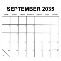 september 2035. monthly calendar vector design. week starts on sunday. printable simple, and clean vector design isolated on white background.