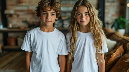 Fototapeta premium Two young boys couple in blank white t-shirts standing near grunge wall indoors. Mock up template for t-shirt design print