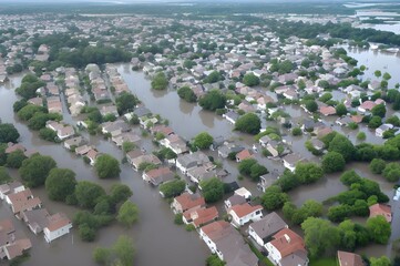 河川氾濫や大雨、台風による大洪水の様子、ドローン撮影、街全体が床上浸水しているイメージ - 756847477