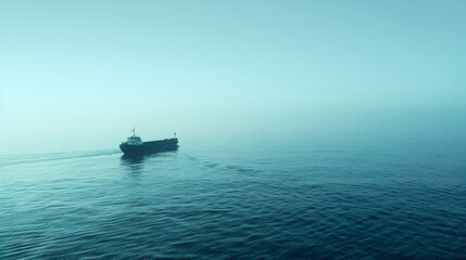 the barge braved the afternoon fog - obrazy, fototapety, plakaty