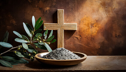 PRATO CERIMONIAL DA QUARTA-FEIRA DE CINZAS E CRUZ DE MADEIRA EM UM CONCEITO CRIST&Atilde;O CAT&Oacute;LICO