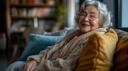 Smiling elderly woman in living room
