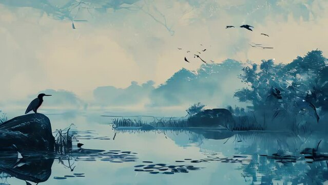 Fantasy landscape with a cormorant on the lake.