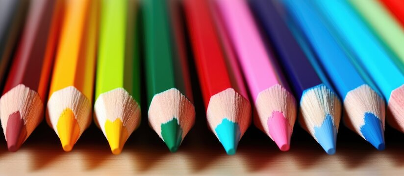 A variety of colorful pencils in shades like electric blue and magenta are neatly arranged in a row on a table, showcasing their colorfulness