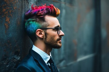 A business man with a colorful punk haircut.