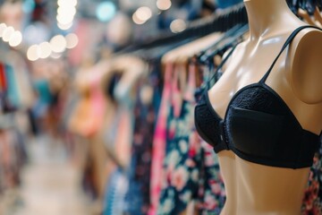 People in the blurred background of a lingerie store.