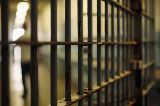 View of the bars of a prison cell with a prisoner in the blurred background.