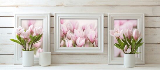 Three pink flowers displayed in white picture frames on the wall, adding a pop of color to the...
