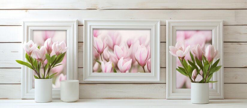 Three pink flowers displayed in white picture frames on the wall, adding a pop of color to the rooms decor