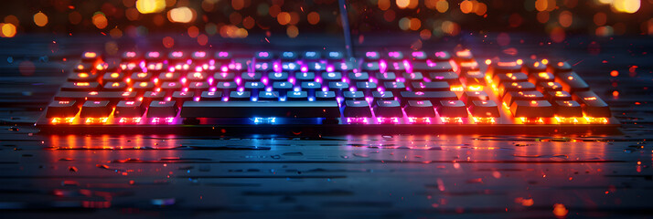 Computer keyboard on illuminated neon light back,
Gaming rgb keyboard on dark background
 - obrazy, fototapety, plakaty