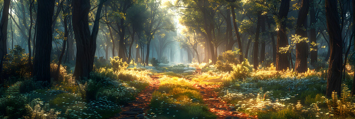 Forest parks 3d image,
A dirt road in a forest with the sun shining through the trees