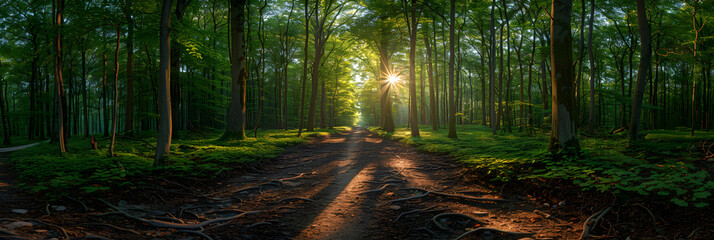 Forest parks 3d image,
Beautiful path in the forest with sunrays
 - obrazy, fototapety, plakaty
