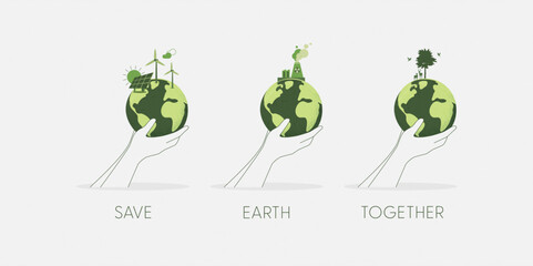 Set of Hands holding a green globe, earth. Earth Day, World Environment Day concept. Sustainable ecology and environment conservation concept design. Vector illustration.