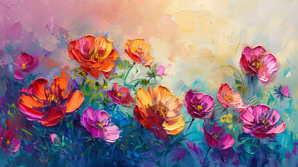 An expressive oil painting showcasing vivid wildflowers with rich textures and fluid brush strokes