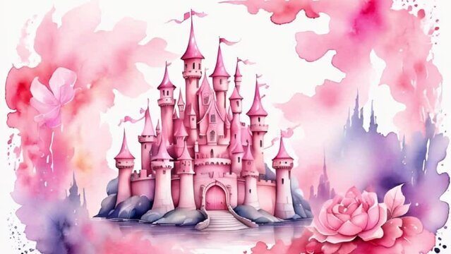 Pink Fairy tale watercolor Fantasy princess castle, motion