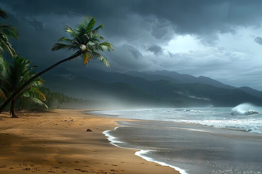 Stormy beach with shadowy mountains in the background, generative ai