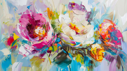A burst of vivid colors portrays a lively interpretation of flowers, blending impressionism with abstract elements