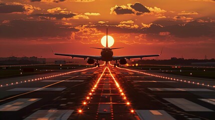 A large jetliner taking off from an airport runway at sunset or dawn with the landing gear down and the landing gear down - obrazy, fototapety, plakaty