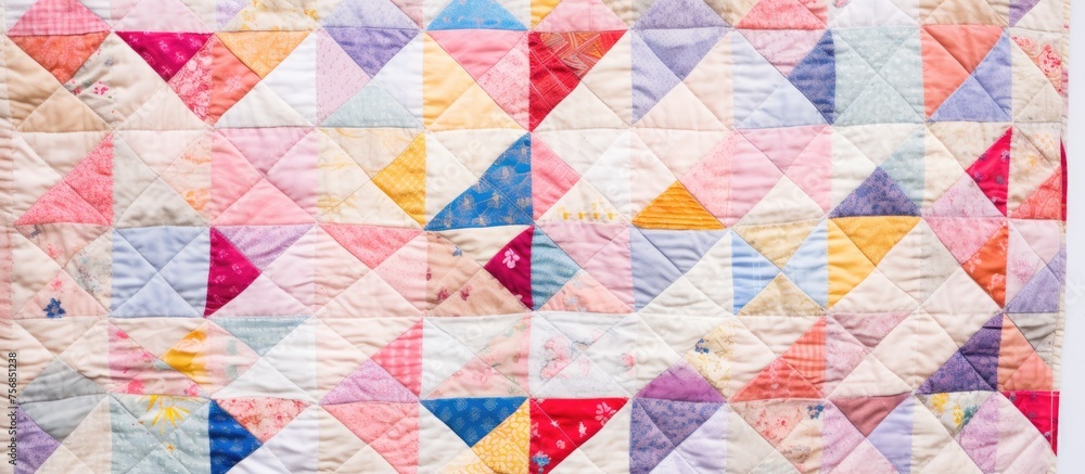 Poster a closeup of a vibrant quilt showcasing an intricate pattern of colorful triangles, highlighting the