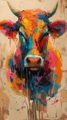 Rolgordijnen This piece showcases a bold bull figure, rendered in an expressive abstract painting full of striking hues © Daniel