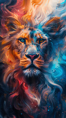 Enthralling depiction of a lion face blending into an abstract, cosmic-like swirl of colors and patterns