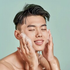 Asian men model washing his face with clean water. On a flat color background generative ai art