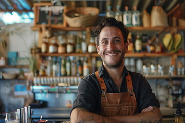 Male bartender behind the bar, copy space of a summer bar worker with a friendly smile and alcohol in the background