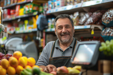 Male shop cashier, friendly salesperson in a fruit and vegetable market with a cheerful smile